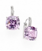 Add instant energy to your ensemble with a quick splash of color. City by City earrings feature amethyst-colored, square-cut cubic zirconia drops (13-3/4 ct. t.w.). Lever backing and setting crafted in silver tone mixed metal with clear cubic zirconia accents. Approximate drop: 1/2 inch.