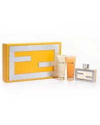 This luxurious Fan di FENDI Eau de Parfum Holiday Day coffret is housed in an iconic FENDI yellow box stitched with Fendi's iconic double F symbol – Fendi Forever - in a shiny python-like material. This set contains a 2.5 oz. Eau de Toilette, a 2.5 oz. Body Lotion, and a 2.5 oz. Shower Gel.