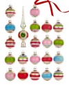 There's no better time to get nostalgic. A hand-painted tree topper and ball ornaments reminiscent of Kurt Adler's original 1940's designs recall beautiful memories of Christmas past. Featuring pastel stripes and traditional holiday colors on glistening silver.