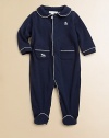 Charming touches of embroidery and contrast piping finish an essential coverall that is crafted from soft pima cotton.Peter Pan collarLong sleeves with ribbed cuffsConcealed snap frontHidden bottom snapsPima cottonMachine washImported Please note: Number of buttons/snaps may vary depending on size ordered. 