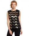 Vince Camuto Women's Sleeveless Chiffon Trim Chevron Sequin Blouse, Rich Black, Small