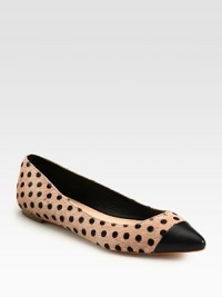 Darling polka-dot print and contrasting leather toecap define this luxurious calf hair flat. Printed calf hair and leather upperLeather lining and solePadded insoleImported