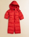 Keep baby warm from head to toe in a cozy snowsuit in channel-quilted microfiber filled with featherweight down and finished with a detachable hood.Detachable hoodLong sleevesFull-zip frontHand pocketsElastic cuffs and hemFully linedShell and lining: PolyesterFill: 60% down/40% waterfowl feathersMachine washImported Please note: Number of snaps may vary depending on size ordered. 