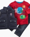 Suit your all-star up to play in this athletic-inspired football shirt, jeans and vest set from Kids Headquarters.