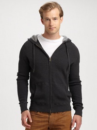 A layering favorite for those cold-weather days and nights, knitted in a thermal cotton with a textured, two-tone finish.Two-way zip frontAttached drawstring hoodFront kangaroo pocketsRibbed knit cuffs and hemCottonHand washImported