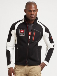 A sleek fleece full-zip jacket with contrast piecing features multiple pockets and a ski-inspired patch for sporty style.Two-way zip frontStand collarZippered chest, waist pocketsPolyesterMachine washImported