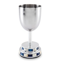 Two rows of an azure and white mosaic border adorn the base of this stainless steel Kiddush cup from Julia Knight, creating a perfect goblet to honor the rituals of Jewish holidays and services. Pair with the Classic 7 Menorah for a traditional and memorable Hanukkah table.