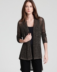 Sheer mesh and subtle metallics team up to deliver an effortlessly luxe Eileen Fisher cardigan. Layer it on and lend chic luster to your every look.