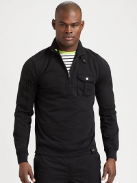 Boasting a sleek, sporty look and modern moto details, this pima cotton terry design takes the classic pullover to a new comfort zone with an extremely soft finish.Half-zip frontChest flap pocketCottonMachine washImported