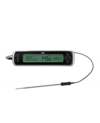 Nice to meat you! Know what's in the oven with this digital thermometer and probe, which feature pre-set temperatures and a 10º warning alert to prevent overcooking and promote delicious meals. Simply stick probe into meat, poultry or fish, cook and depend on the dual-function display for precision timing.