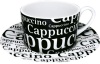 Konitzs 7-Ounce Writing On Black Cappuccino Cups and Saucers, Black/White, Set of 4