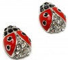 Precious Crystal Accented Small 1/2 Red and Black Enamel Ladybug Stud Earrings Silver Plated