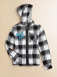 He'll want to live in this skateboarder-inspired hoodie with logo graffiti in a bold plaid pattern.Attached hoodLong sleeves with button cuffsZip-frontPatch pocketCottonMachine washImported