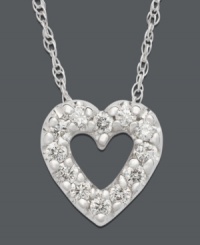 Wrap your heart in sparkling love. Open heart pendant features beautiful round-cut diamond (1/8 ct. t.w.). Necklace crafted in 14k white gold. Approximate length: 18 inches. Approximate drop: 1/4 inch.