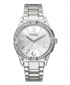 Make a stunning impression with this shining watch by Caravelle by Bulova. Silver tone mixed metal bracelet and round case with four lugs. Bezel crystallized with Swarovski elements. Silver tone dial with textured inner dial features applied silver tone numerals at markers, luminous hour and minute hands, sweeping second hand, and logo. Quartz movement. Water resistant to 30 meters. Two-year limited warranty.