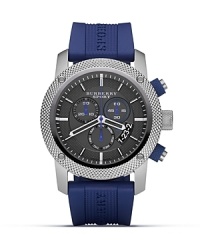 Looking for a watch that marks more than time? Burberry offers a bold blue rubber strap and modern steel watchface with textured trim.