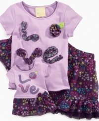 She'll really love the lovely look of this floral print LOVE tee and skirt set, with a matching outfit for her little friend. (Clearance)