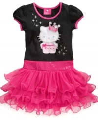 Pretty party style. A flowing sparkle tutu and crown Hello Kitty graphic means this Hello Kitty dress will stand out.