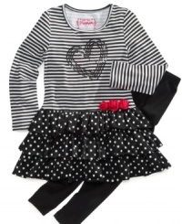 Stripes and polka dots galore! Add a sequined heart and your little one will dazzled by her Flapdoodles dress set.