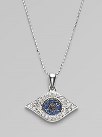 The iconic symbol of protection, in 14k white gold with black and white pavé diamonds and blue sapphires, on a white gold ball chain. Diamonds, 0.26, tcw Sapphires 14k white gold Chain length, about 16 Pendant width, about ½ Lobster clasp Imported