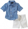 Nautica Infant Boys 2 Piece Buffalo Check Shirt with Short Set, Blue, 18/24