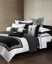 Lined with beautiful, Eastern-inspired embroidery in stark white over black, this Indochine runner tops this bedding ensemble with modern sleekness.