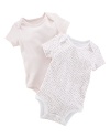 A set of two adorable short-sleeved bodysuits is rendered in ultra-soft cotton jersey.