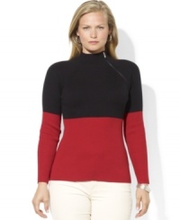 Lauren Ralph Lauren's soft ribbed cotton plus size top is crafted with an angled zipper at the mockneck for sleek, modern style.