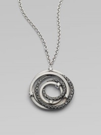 Sparkle in this white and black diamond accented 18k white gold pendant with interlocking rings on a link chain. 18k white goldWhite and black diamonds, .48 tcwLength, about 16½Pendant size, about 1Lobster clasp closureMade in Italy 