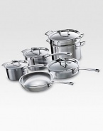 This essential collection of Le Creuset stainless steel is perfect for newlyweds or a new kitchen. Tri-ply construction with full aluminum cores provide even, all-around heat distribution while eliminating hot-spots and scorching. Set includes a fry pan, 2 QT. saucepan with lid, saucepan with lid, sauté pan with lid, pasta insert and stockpot with lid.