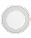 A gift to formal dining from kate spade new york, the Grace Avenue accent plate offers a chic balance of fun and refined in platinum-banded bone china. A pale gray border and grosgrain ribbon put the preppy, finishing touches on dinnerware for stylish tables.