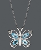 Take your style to new heights in this nature-inspired pendant by Victoria Townsend. Pear and marquise-cut blue topaz (2-3/8 ct. t.w.) adds a colorful touch to this diamond-accented butterfly. Crafted in sterling silver. Approximate length: 18 inches. Approximate drop: 3/4 inch.