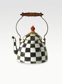 A charming kettle with a steel underbody, covered in a handpainted checkerboard juxtaposition of ivory and onyx with a bronzed stainless steel handle. Wood handle with brass accent, bone disk and faux-cinnabar bead Enameled steel 2-quart capacity 10½H X 7 diam. Hand wash Imported