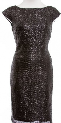 Lauren By Ralph Lauren Black Matte Sequin Capped Sleeve Shift Dress 6