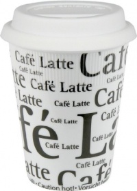 Konitz 12-Ounce Cafe Latte Writing On White Travel Mugs with Silicon Lid, White/Black, Set of 4