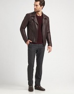 This supple lambskin leather jacket is the ideal representation of modern style. Notched collarFront zipperZipper slash pocketsAbout 25 from shoulder to hemLambskin leatherDry cleanImported