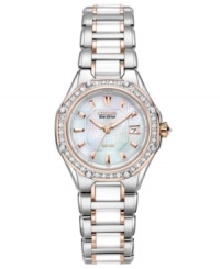 Modern trends add a stylish touch to the classic sophistication of diamonds on this Citizen watch. Powered by Eco-Drive, harnessing natural and artificial light, never needing a battery.