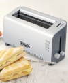 Lunch and dinner options are endless! De'Longhi presents a sleek brushed aluminum toaster designed with a long, adjustable slot, perfect for toasting everything from bagels to ciabatta bread. The unique sandwich cage allows for toasty sandwiches with warm, crispy results. One-year warranty. Model DTT312.