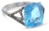 Badgley Mischka Fine Jewelry Cushion Sterling Silver Champagne Diamonds Cut Blue Topaz Cocktail Ring, Size 7