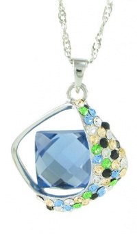 Glittering Rhinestones Square Swarovski Elements Crystal Pendant Necklace W. 18k White Gold Plated Chain December Birthstone Blue Topaz BLACK FRIDAY WEEK SPECIAL SALE