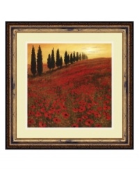 Watch the sun set on this quintessential Italian countryside. Rolling hills blanketed with red poppies and cypress trees inspire romance and serenity. A gold and bronze frame brings out the dramatic late-afternoon sky.