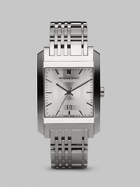 A textured check silver dial imbued with Swiss quartz precision and a check-inspired link bracelet. Quartz movement Water-resistant to 5 ATM/50m Solid stainless steel case Textured check silver dial Link bracelet Second hand Date display Square case, 33mm, 1.3 Bracelet width, 20mm, 0.79 Made in Switzerland 