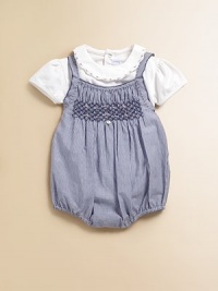 Classic stripes and a pretty smocked bodice add a splash of color to this charming bodysuit.Straight necklineStraps with back button closureSmocked bodiceBottom snapsCottonMachine washImported Please note: Number of snaps may vary depending on size ordered. 