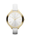 A pearly round dial finished in gold plated metal tops a slim, sophisticated Michael Kors watch set on pristine leather strap.