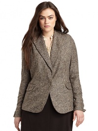 THE LOOKTweed designNotch lapelFront snap closure Long sleeves Princess seams Front flap pocketsTHE FITAbout 29 from shoulder to hemTHE MATERIAL85% wool/14% nylon/1% elastaneFully linedCARE & ORIGINDry cleanMade in Italy