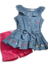 GUESS Kids Girls Ruffled Dress and Bike Shorts (0 - 9m), LIGHT STONEWASH (6/9M)