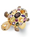 Underseas style. This bedazzled turtle ring features flecks of every color with gemstones including smokey quartz (1/10 ct. t.w.), green tourmaline (1-1/5 ct. t.w.), citrine (1-3/8 ct. t.w.), amethyst (5/8 ct. t.w.), rhodalite (1-1/3 ct. t.w.), peridot (1/3 ct. t.w.) and white topaz (5/8 ct. t.w.).  Set in 14k gold-plated sterling silver. Size 7.