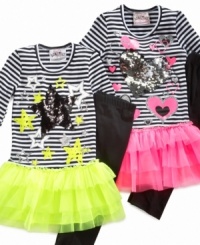 This style will make her flip! With a sequin graphic that changes color when she runs her hand over it, this neon tutu dress and leggings set from Beautees is eye catching.