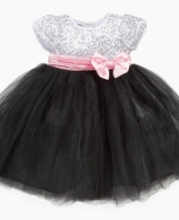 Lovely accented bow at waist dress by Blueberi Boulevard with sequined top and full tulle bottom.