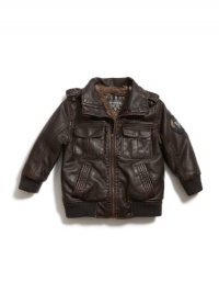 GUESS Kids Boys Double Collar Bomber Jacket, BROWN (24M)